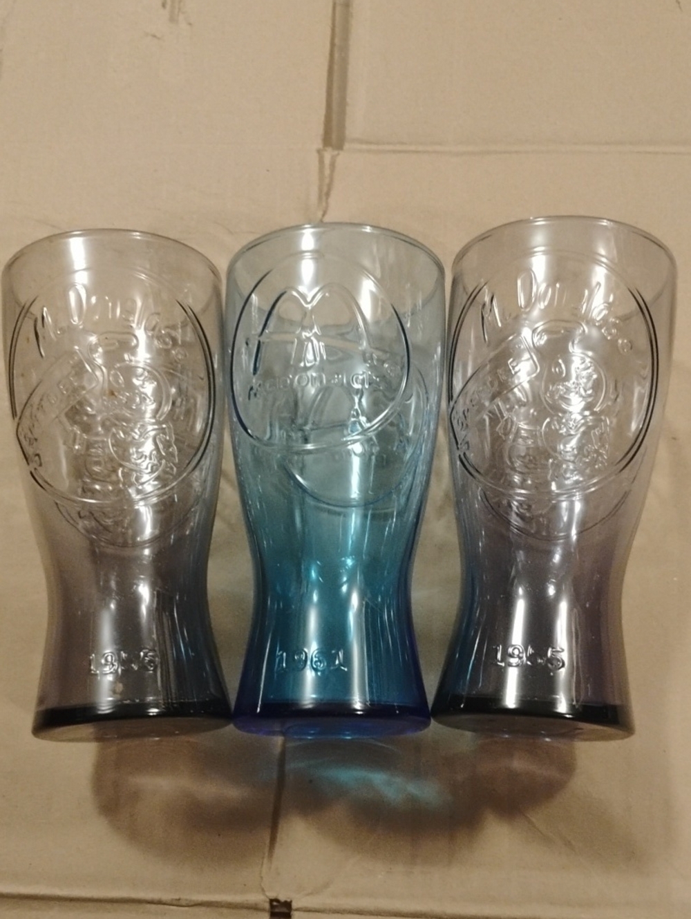 5/$20 Set Of 3 McDonald's Blue and Clear Embossed Logo Glasses Trio